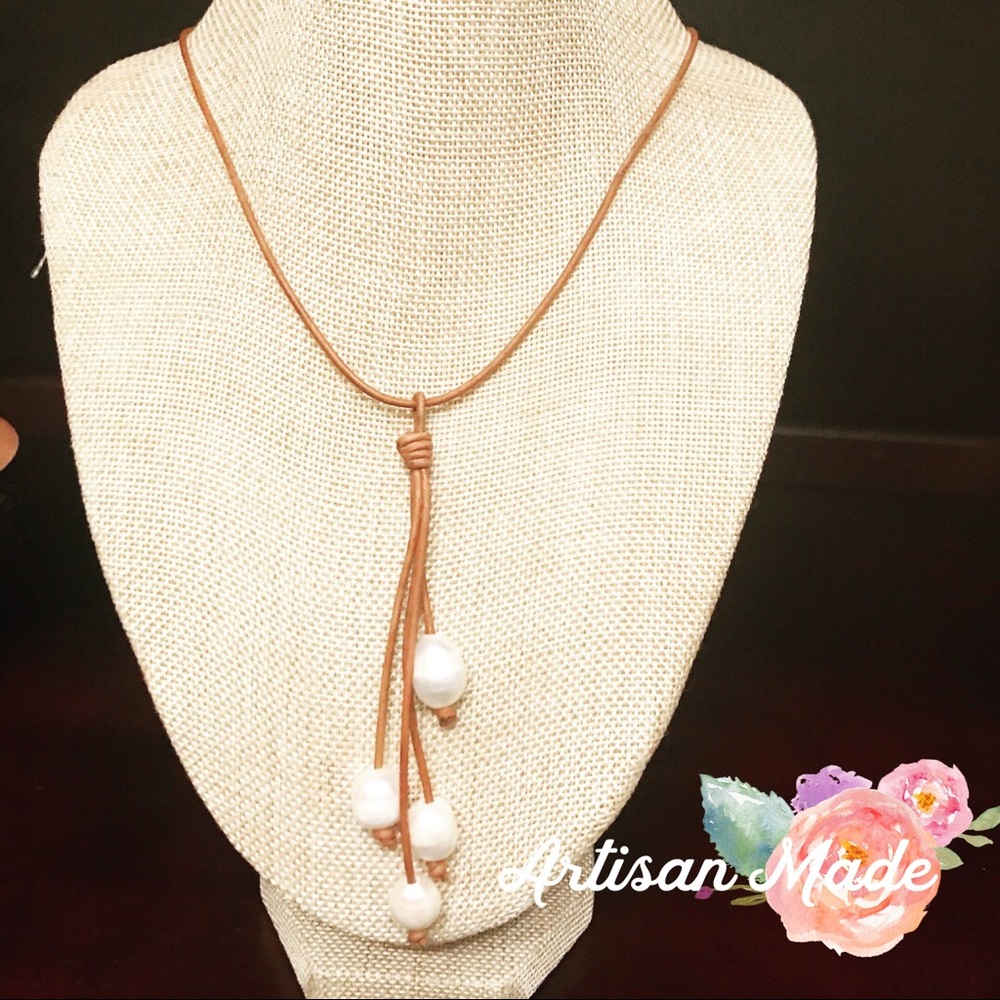 NEW Genuine Pearl Leather Choker Necklace